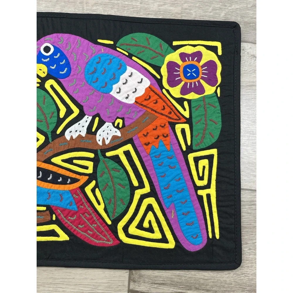 Vintage Mola Kuna 2 Parrot Birds Tropical Panama Star Folk Art Wall-Art Placemat